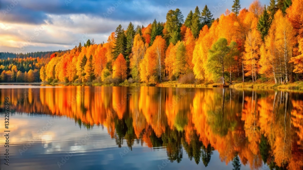 Obraz premium autumn foliage reflected on serene lake surface amidst vibrant orange and yellow hues of changing leaves in Scandinavian wilderness scene , lakeside, nature