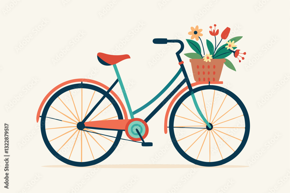 Fototapeta premium red classic bike with flower in basket isolate on white background
