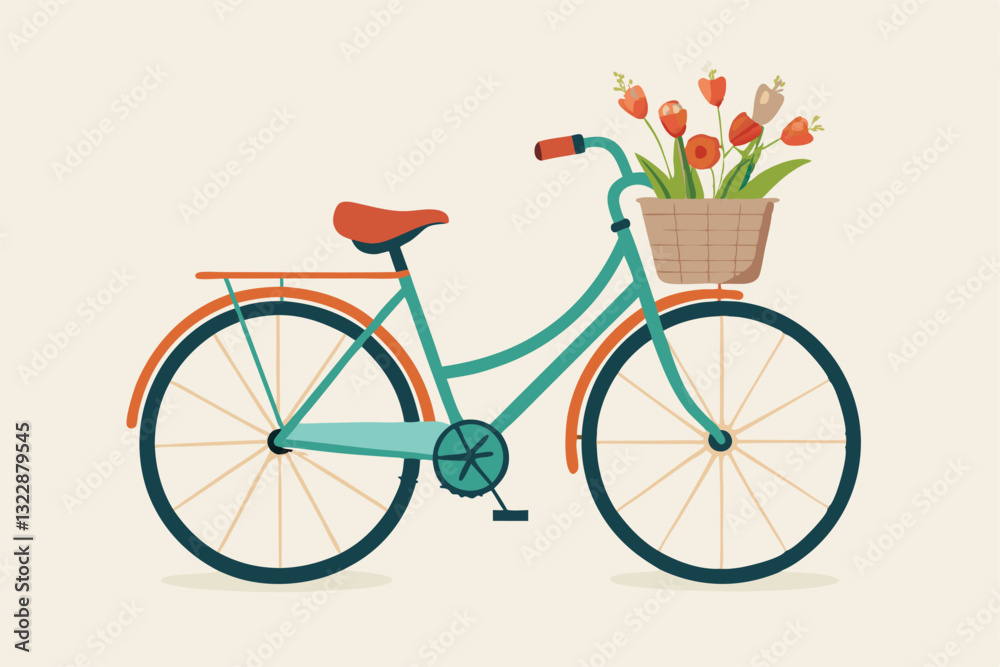 Fototapeta premium red classic bike with flower in basket isolate on white background