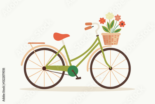 red classic bike with flower in basket isolate on white background