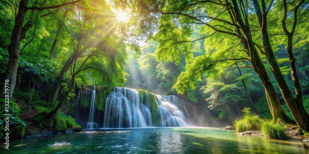 Fototapeta premium Dense forest canopy with sunlight filtering through leaves, creating a dappled effect on the waterfall's edge, foliage