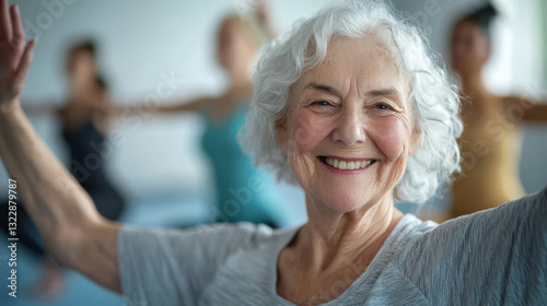 An elderly woman with white hair, smiling and stretching her arms in a home gym class while other people do yoga behind her, generative AI