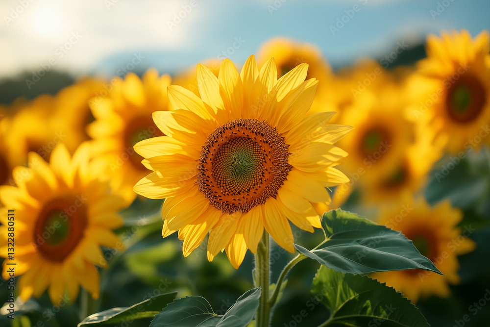 Fototapeta premium Bright yellow sunflowers blooming in a sunny field