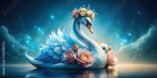 Fototapeta Naklejka Na Ścianę i Meble -  Beautiful Blue Swan Princess with Golden Crown and Flower Decoration Sitting, swan