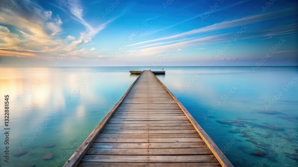 Naklejka premium Tranquil Wooden Dock Extending to Serene Ocean at Dawn with Peaceful Sky