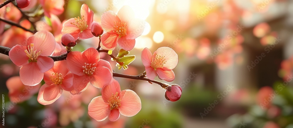 Delicate Cherry Blossom Branch with Soft Pink Flowers Bathed in Warm Sunrise Light Delicate Cherry Blossom Branch with Soft Pink Flowers Bathed in Warm Sunrise Light