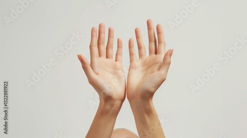 Close up caucasian hands with copy space express and emphasize the charming of arm and finger. Isolated focus of palm hand stretching and showing beautiful gesture perfect for present products. AIG53.