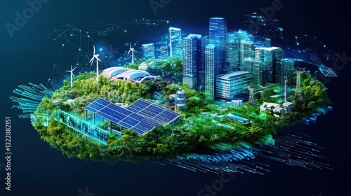 Data Engineer workload infographic concept. Sustainable Futuristic Metropolis Embracing Renewable Energy and Ecological Harmony