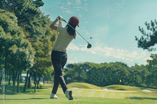 Ultra Hd Image of Woman Golfer in Sport Wear Teeing Off in Tournament