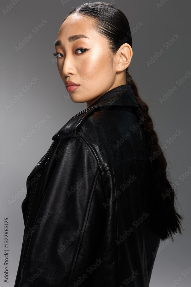 Fototapeta premium Fashion asian woman black leather jacket posing for camera side glance portrait of stylish asian woman in black leather jacket, looking off to the side