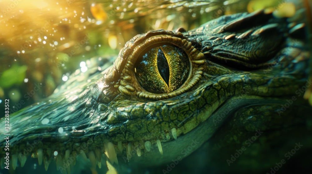 Close-up of a crocodile's eye underwater surrounded by foliage