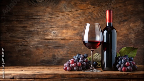 A red wine glass placed on a wooden table next to an empty wine bottle with a few grapes left in the bottle, wine bottle