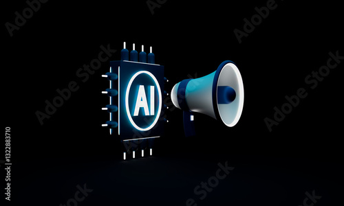 Artificial intelligence chip and megaphone. Concept of the influence of artificial intelligence on voice cloning. Neon technology.