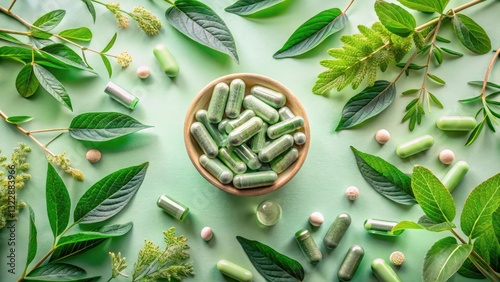 Wallpaper Mural Natural Herbal Supplements and Green Capsules in a Wooden Bowl Surrounded by Fresh Greenery Torontodigital.ca