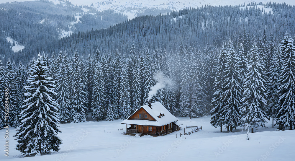 Fototapeta premium Secluded Winter Cabin in Snowy Mountain Forest: A Peaceful Escape