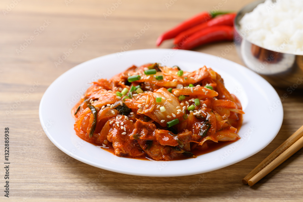 Stir fried kimchi cabbage with pork eating with cooked rice, Korean food Stir fried kimchi cabbage with pork eating with cooked rice, Korean food