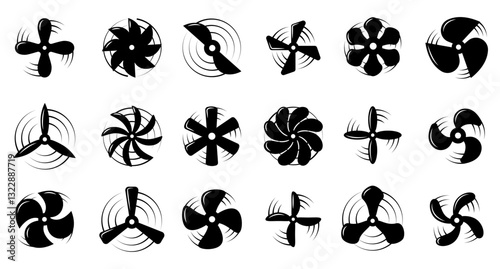 Airplane propellers and motor blades. Plane propellers set. Symbols fan rotating.