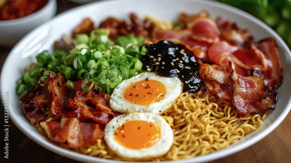 Delicious Ramen with Crispy Bacon and Sunny-Side-Up Eggs Delicious Ramen with Crispy Bacon and Sunny-Side-Up Eggs