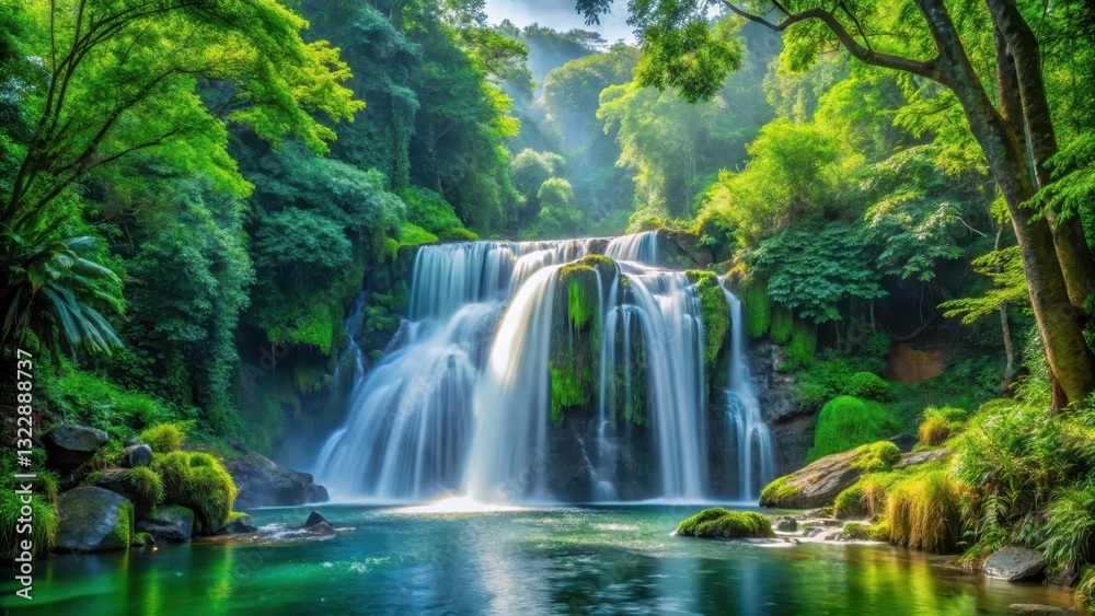 Obraz premium Majestic crystal clear waterfall cascading down lush green forest terrain amidst a serene natural backdrop of trees and foliage, nature, forest