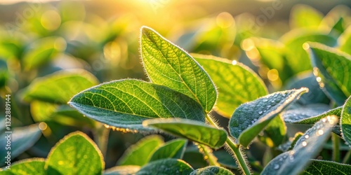 Close-up of dew-covered soybean leaves sparkling in the morning light, landscape, morning,  landscape, morning