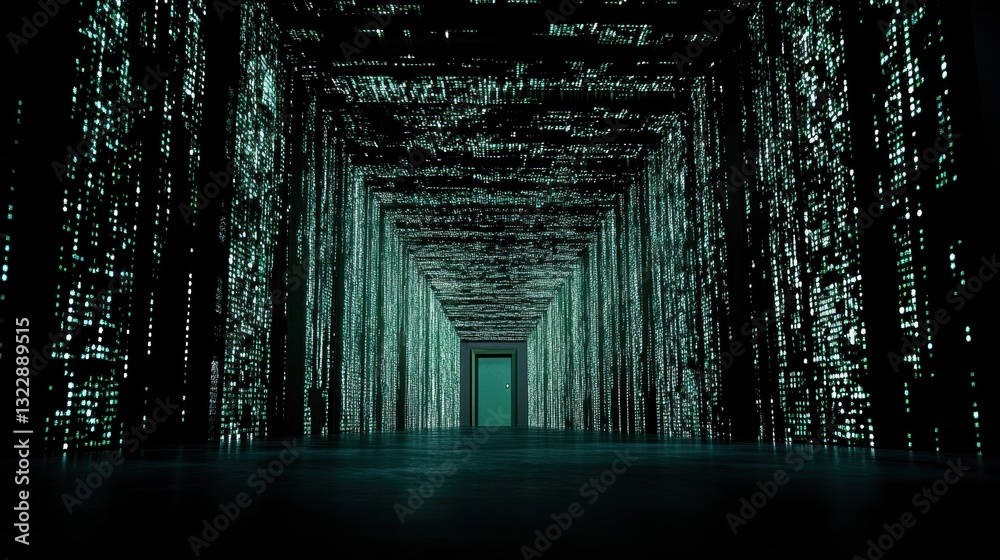 Fototapeta premium Abstract Digital Tunnel with Glowing Teal Lights and a Door