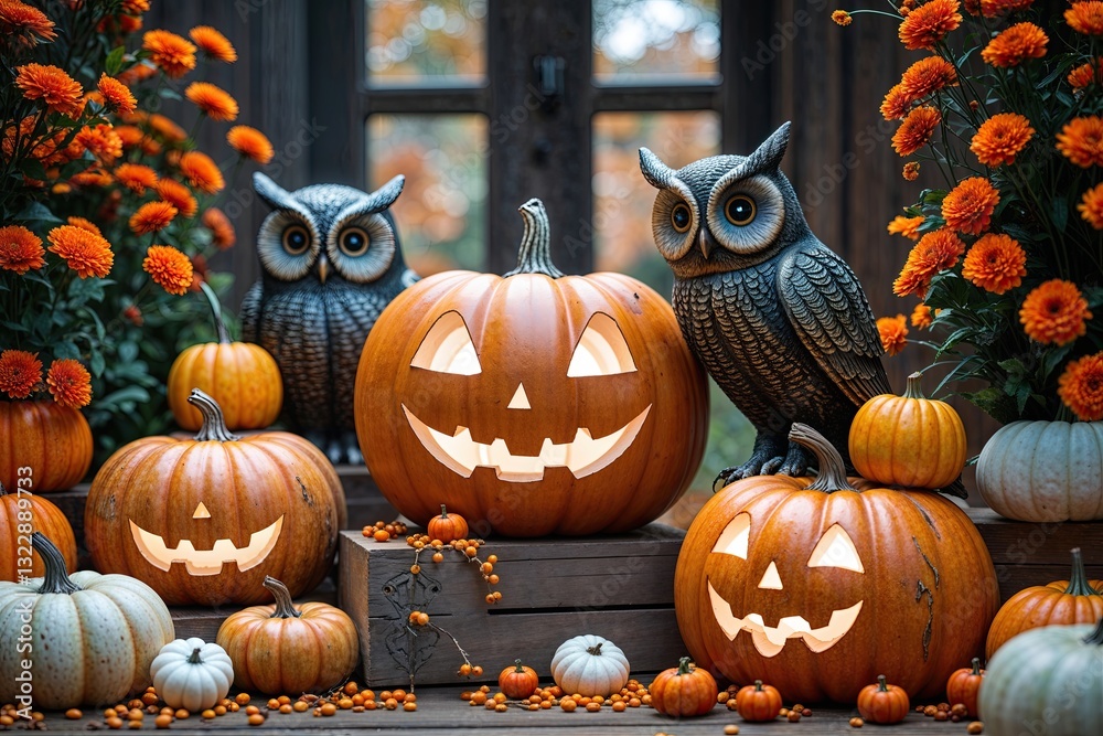 Obraz premium Charming Halloween Pumpkins and Enchanting Ghost Owls for October Home Decor