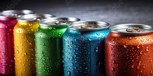 Colorful soda cans with condensation droplets on a dark grey background, highlighting the beverage's vibrant hues against a somber backdrop, brightly colored soda, fizzy drinks