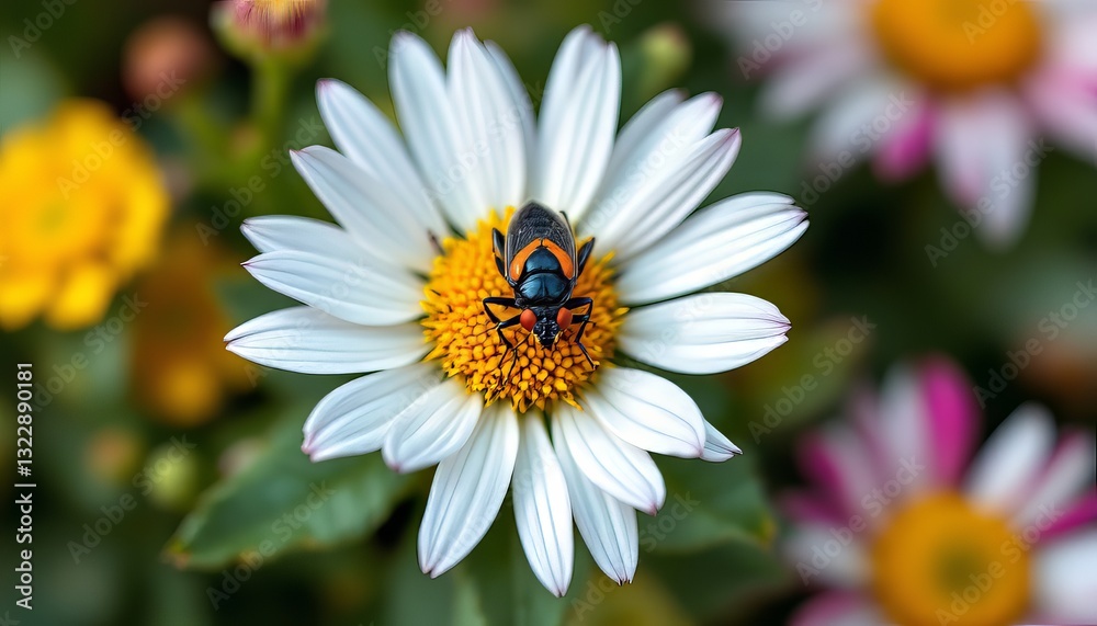 Macro shot shows an insect on a white daisy with yellow center