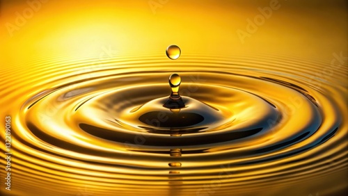 A single water drop falling onto a yellow background with ripples and concentric circles formed around it, ripple effect, splash