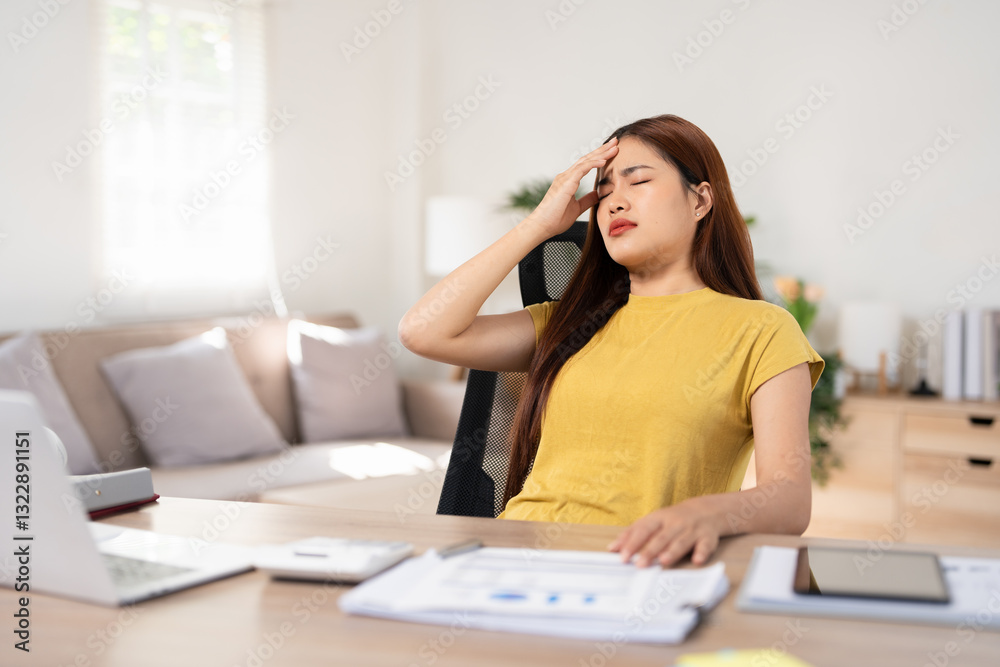 Stressed tired woman in pain having strong terrible headache attack after computer laptop work, fatigued exhausted girl suffering from chronic migraine massaging temples to relieve head ache tension Stressed tired woman in pain having strong terrible headache attack after computer laptop work, fatigued exhausted girl suffering from chronic migraine massaging temples to relieve head ache tension