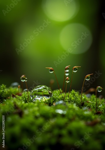 immersive experience showcases beauty of dewdrops on different surfaces, capturing reflections and miniature worlds within each drop, highlighting magnified beauty that dew adds to environment