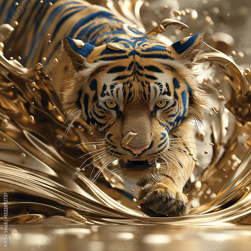 Tiger Dreams: A Close-Up of a Tiger's Face Fused with Golden Ornaments and Intricate Patterns.