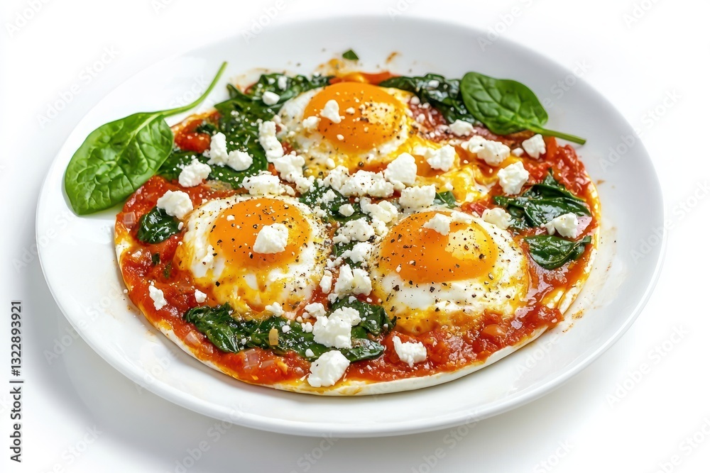 Sunny Shakshuka Delight with Feta and Spinach on a White Plate Ready to Eat Breakfast Healthy Lifestyle Bright Sunny Shakshuka Delight with Feta and Spinach on a White Plate Ready to Eat Breakfast Healthy Lifestyle Bright