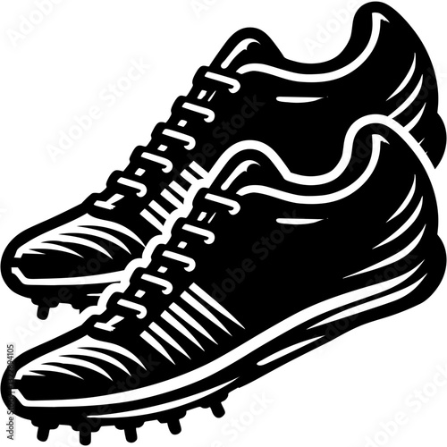 Sport emblem of pair of running sprint shoes boots in monochrome. Engraving minimalistic vector in black ink drawing on transparent background