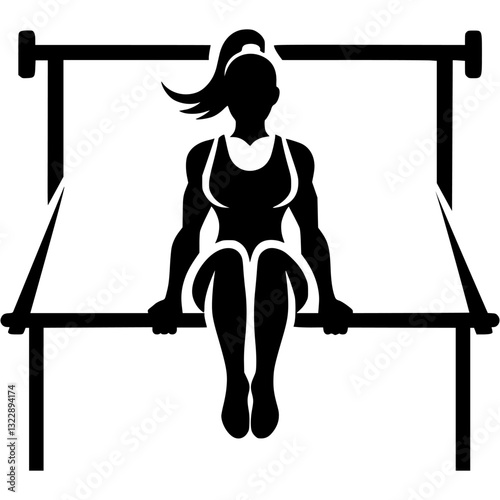 Sport emblem of girl gymnast performs gymnastic exercises on the horizontal bar in monochrome. Engraving minimalistic vector in black ink drawing on transparent background