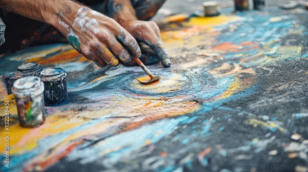 Hands painting with brush on colorful surface with paint jars Hands painting with brush on colorful surface with paint jars