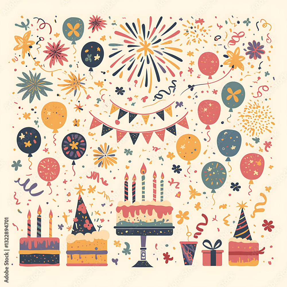 Naklejka premium Whimsical and festive cake and sweets candy birthday-themed illustrations and celebratory elements in a playful doodle style.
