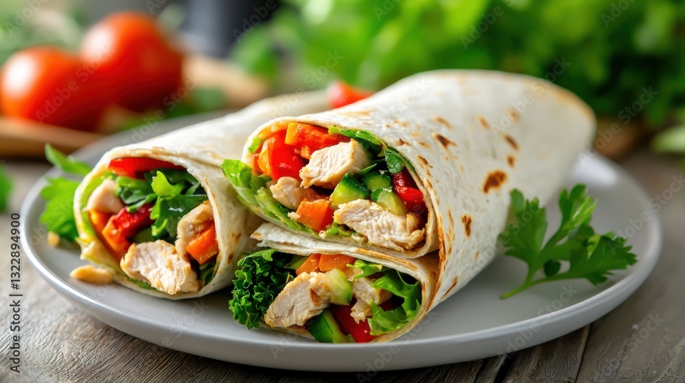 Delicious chicken wraps filled with fresh vegetables on a plate ready to eat healthy and tasty meal close up shot Delicious chicken wraps filled with fresh vegetables on a plate ready to eat healthy and tasty meal close up shot