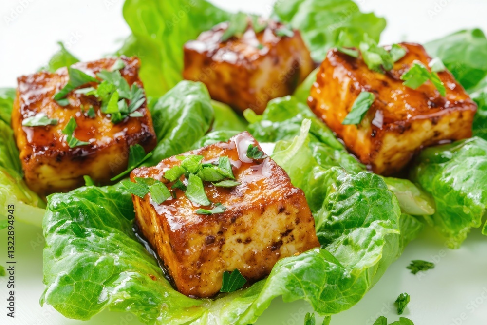 Glazed tofu squares with fresh aromatic parsley on a bed of green lettuce elegant healthy eating Glazed tofu squares with fresh aromatic parsley on a bed of green lettuce elegant healthy eating
