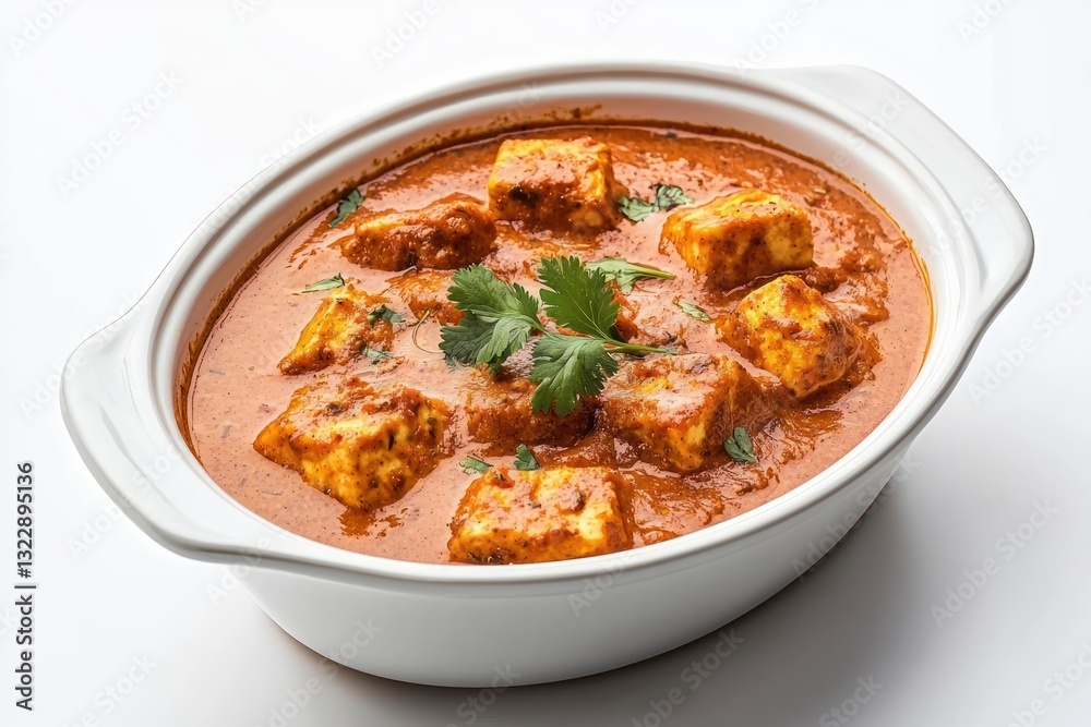 Delicious paneer butter masala served in a white ceramic bowl on a clean background studio shot Delicious paneer butter masala served in a white ceramic bowl on a clean background studio shot