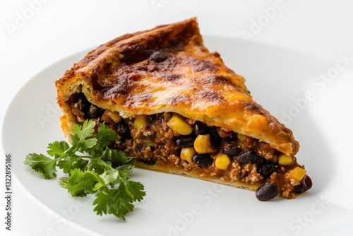 Delicious mexican pie with fresh parsley on white plate capturing culinary dish and savoury food