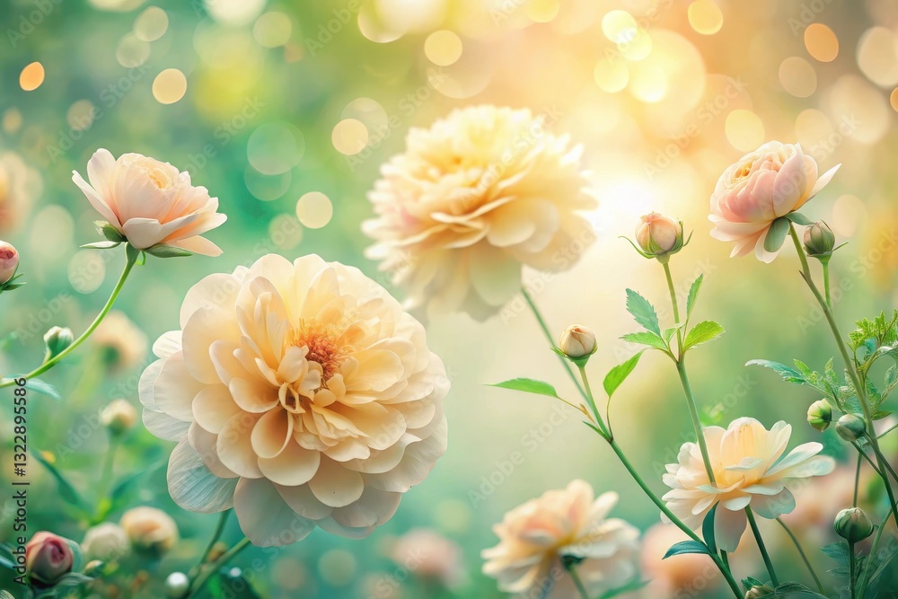 Fototapeta premium A sunlit garden showcases delicate, creamy-colored blossoms, their petals unfurling in soft, gentle light, creating a serene and peaceful atmosphere.
