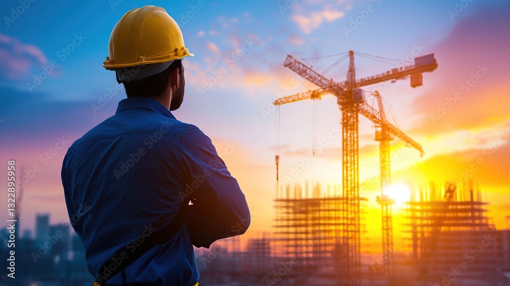 Construction worker watching a sunset over a building site with cranes in the background.