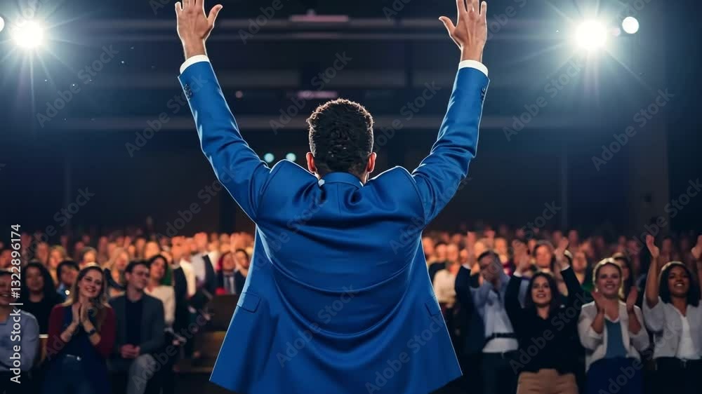 Motivational speaker raising hands on stage in front of cheering audience