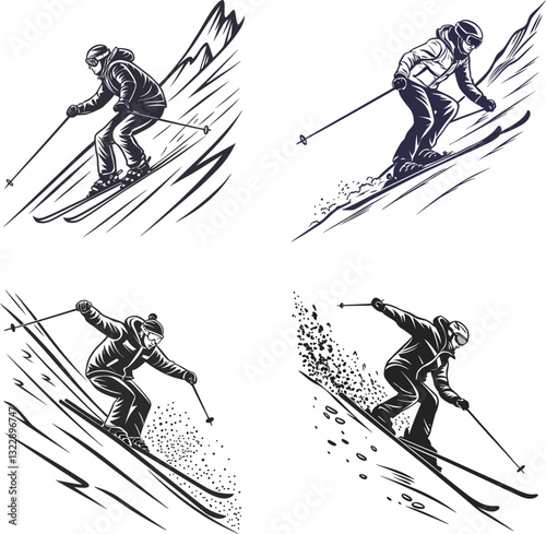 Skiing and Ice Skating Silhouettes  Winter Sports Illustration.