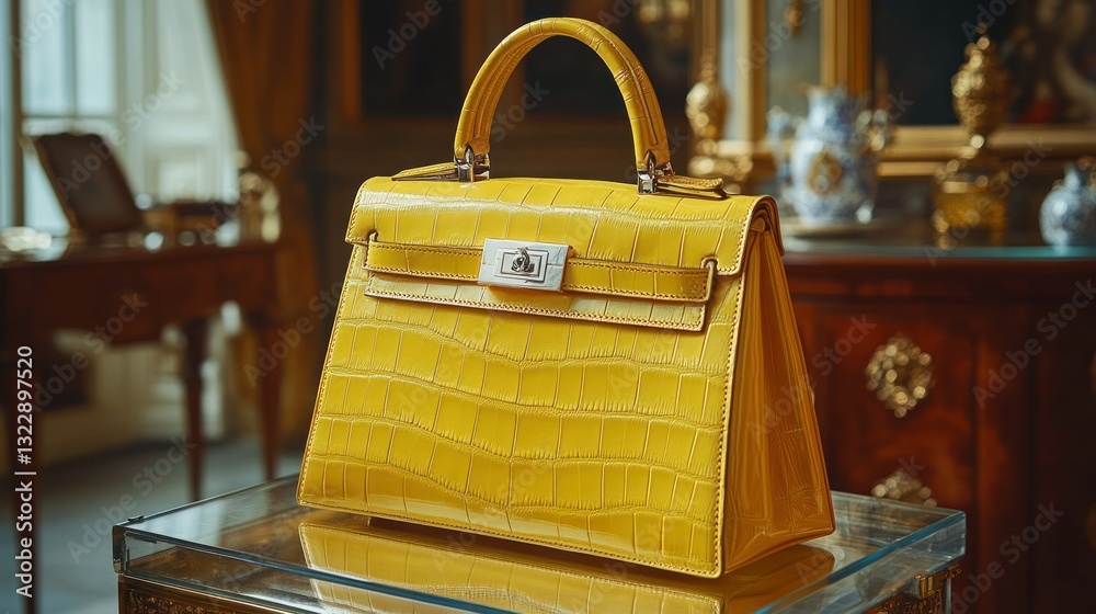 Elegant Yellow Crocodile Leather Handbag on Glass Display in Luxurious Interior Space