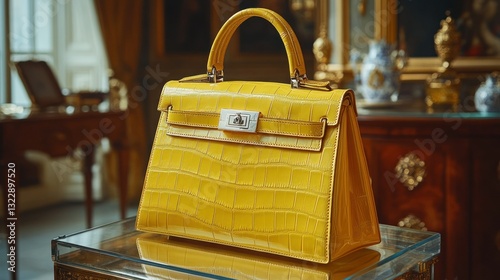 Obraz na płótnie Elegant Yellow Crocodile Leather Handbag on Glass Display in Luxurious Interior Space w salonie
