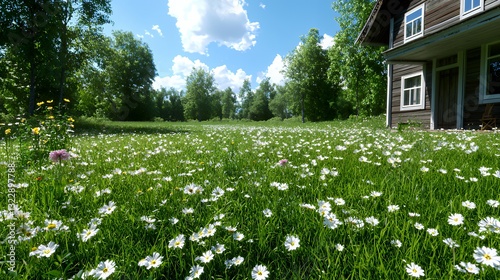 Daisies Blooming in Field Near Rural Home Under a Sunny Sky