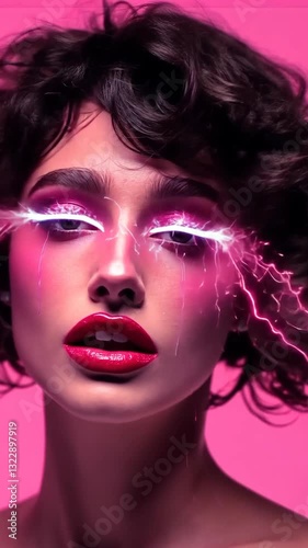 Futuristic beauty portrait showcasing bold makeup with electric elements on a vibrant pink background