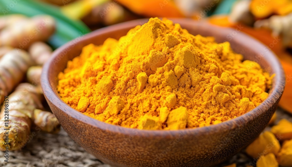 Vibrant Turmeric Powder in a Wooden Bowl with Fresh Roots and Spices Background